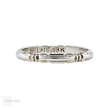 Ribbon Engraved 18k White Gold Wedding Band, Narrow Belais 18ct 1920s Ring. Size L / 5.75.