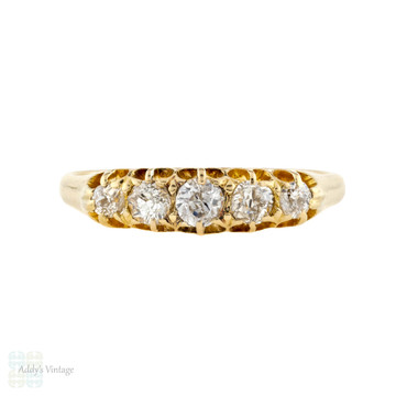 Five Stone Antique Old Mine Cut Diamond Ring, 0.70ctw Edwardian 18ct Gold Band.