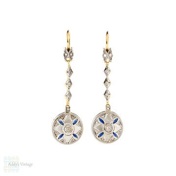 Antique Diamond Drop Earrings, Edwardian Old Cut Engraved Foliate Dangles. 18ct Yellow Gold & Platinum.