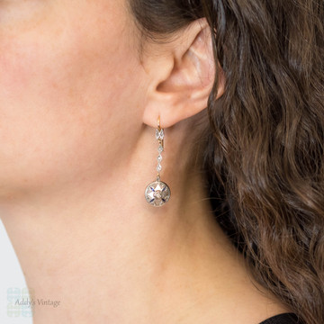 Antique Diamond Drop Earrings, Edwardian Old Cut Engraved Foliate Dangles. 18ct Yellow Gold & Platinum.