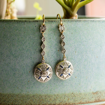 Antique Diamond Drop Earrings, Edwardian Old Cut Engraved Foliate Dangles. 18ct Yellow Gold & Platinum.