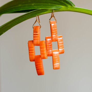 Coral 9ct Yellow Gold Earrings, Victorian Bricks Recycled in 9k Dangles.