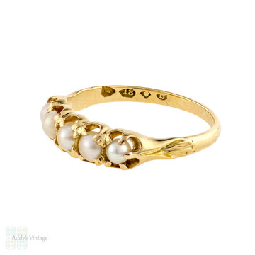 RESERVED Victorian 5 Stone Cultured Pearl Ring, Antique Half Hoop 18ct 18k Gold Band Circa 1860s.
