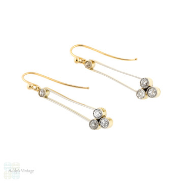 Old Cut Diamond Drop Earrings, 15ct Gold & Platinum Antique Victorian Conversion Dangles.