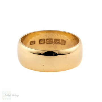 Antique 22ct Wedding Ring, Heavy Wide 1910s 22k Men's Wedding Band, Size R.5 / 9.