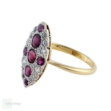 Ruby & Old Cut Diamond Antique Navette Ring, Marquise Shape 18ct & Platinum.