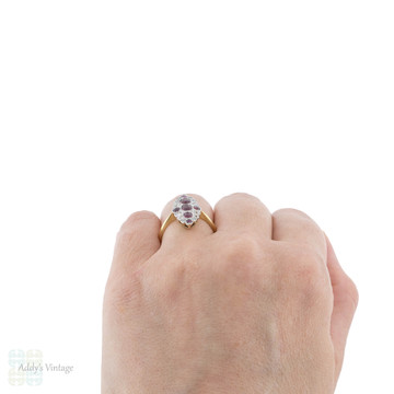 Ruby & Old Cut Diamond Antique Navette Ring, Marquise Shape 18ct & Platinum.