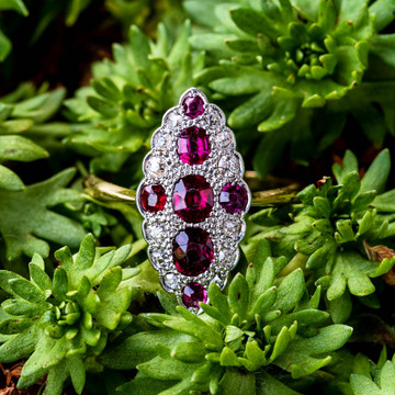 Ruby & Old Cut Diamond Antique Navette Ring, Marquise Shape 18ct & Platinum.