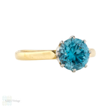 Blue Zircon Solitaire Ring, 18ct 18k Yellow Gold Vintage Single Stone Ring.