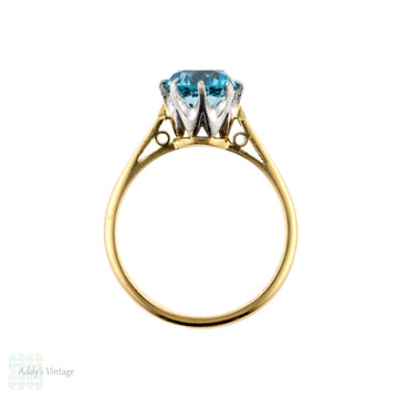 Blue Zircon Solitaire Ring, 18ct 18k Yellow Gold Vintage Single Stone Ring.