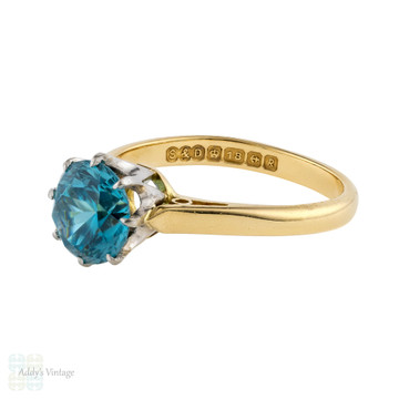 Blue Zircon Solitaire Ring, 18ct 18k Yellow Gold Vintage Single Stone Ring.