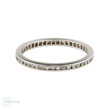 Diamond Full Hoop Eternity Ring, Narrow Vintage Platinum Wedding Band Size J.25 / 5.