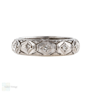 Diamond Platinum Eternity Ring, Mid 20th Century Filigree Wedding Band. Size K / 5.25.