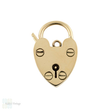Vintage Heart Padlock Pendant, Large 9k 9ct Yellow Gold Clasp Charm, Jubilee Hallmarks 1970s.