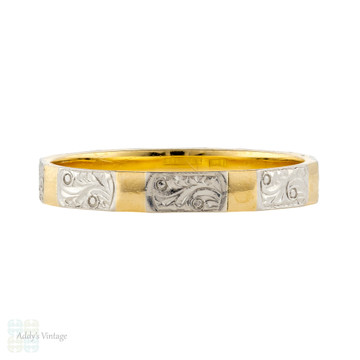 Engraved Vintage 18ct Gold & Platinum Faceted Wedding Ring by Charles Green, Size O / 7.25.