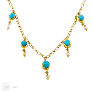 Victorian Turquoise & Cultured Pearl Graduated Fringe Station Necklace, 9ct 9k Yellow Gold