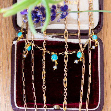 Victorian Turquoise & Cultured Pearl Graduated Fringe Station Necklace, 9ct 9k Yellow Gold