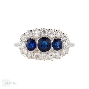 Blue Sapphire & Diamond Halo Panel Ring, Large 1930s Cluster 18ct 18k White Gold.