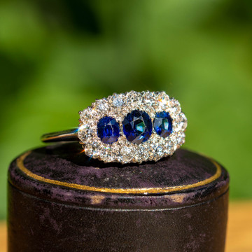Blue Sapphire & Diamond Halo Panel Ring, Large 1930s Cluster 18ct 18k White Gold.