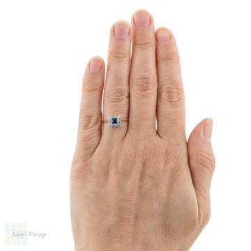 Art Deco French Cut Synethic Sapphire & White Spinel Ring, 9ct Gold & Platinum.