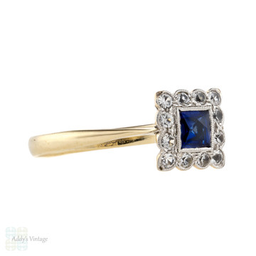 Art Deco French Cut Synethic Sapphire & White Spinel Ring, 9ct Gold & Platinum.