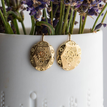 Antique Floral Engraved Drop Earrings, Victorian Conversion 15ct 15k Gold Flower Dangles.