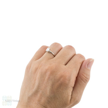Emerald Cut Diamond 14k Engagement Ring, Vintage Fluted Setting 14ct White Gold Single Stone.