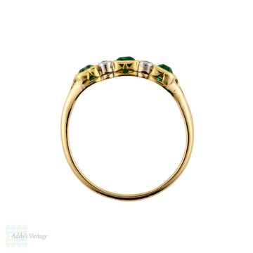 Emerald & Diamond Art Deco Ring, Three Stone Step Cut Half Hoop 18ct Gold Band.