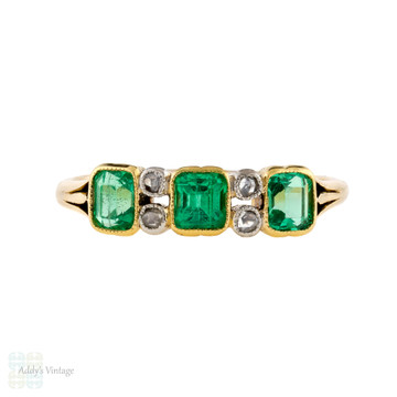 Emerald & Diamond Art Deco Ring, Three Stone Step Cut Half Hoop 18ct Gold Band.