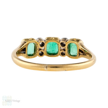 Emerald & Diamond Art Deco Ring, Three Stone Step Cut Half Hoop 18ct Gold Band.