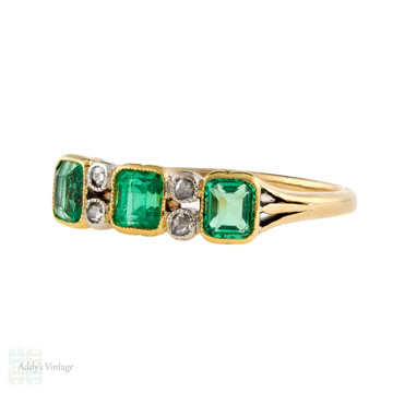 Emerald & Diamond Art Deco Ring, Three Stone Step Cut Half Hoop 18ct Gold Band.