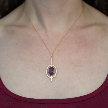 Amethyst Paste 9ct Rose Gold Pendant, Large Purple Bezel Set Art Deco Conversion 9k Necklace.