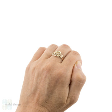 Lovers Knot 9ct Ring, Vintage 9k Rose Gold 1930s Engraved Knotted Design Band.