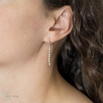 Art Deco Cultured Pearl Drop Earrings, 9ct 9k White Gold Dangle Earrings