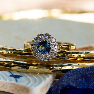 Sapphire & Diamond Daisy Ring, Art Deco 18ct & Platinum Engagement Ring.