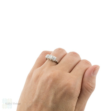 Diamond Three Stone 0.74ctw Engagement Ring, Vintage 14k White Gold 1950s Ring.