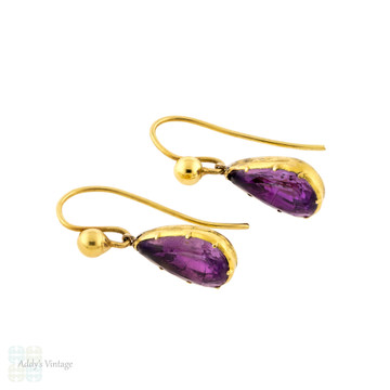 Amethyst Drop Earrings, Antique Pear Shape Pinchbeck Dangles on 9ct 9k Gold Wires.