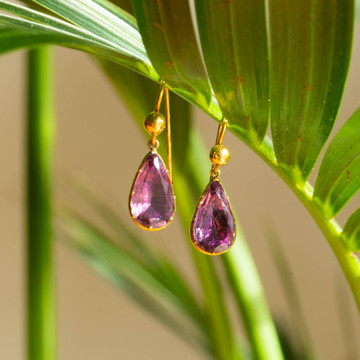 Amethyst Drop Earrings, Antique Pear Shape Pinchbeck Dangles on 9ct 9k Gold Wires.