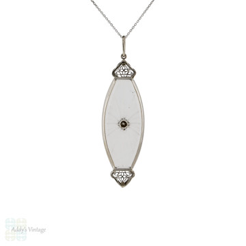 Art Deco Rock Crystal & Diamond Pendant, 14ct 14k White Gold Filigree Converted Necklace