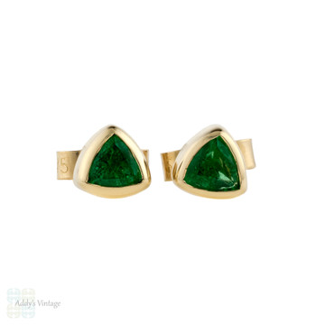 Emerald Stud Earrings, 9ct 9k Yellow Gold Bezel Set Triangle Birthstone Studs.