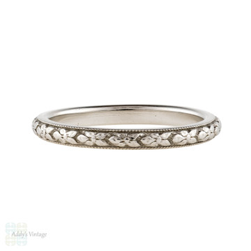 Vintage Platinum Engraved Wedding Ring, Orange Blossom Traub Flower Pattern Ladies Band. Size K / 5.25.