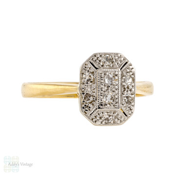 Art Deco Rectangular Diamond Cluster Ring, 18ct Vintage Diamond Engagement Ring.