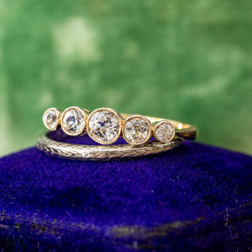 White Sapphire Bezel Set Five Stone Ring, 9ct Gold Vintage Lab Created Sapphire Band.