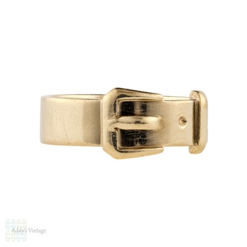 Vintage 9ct Yellow Gold Buckle Ring, Wide 1960s 9k English Hallmarked Band.