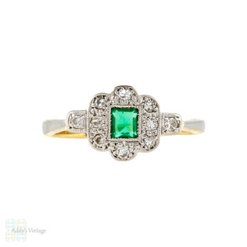 RESERVED Emerald & Diamond Art Deco Engagement Ring, Antique 1920s 18ct PLAT Ring.