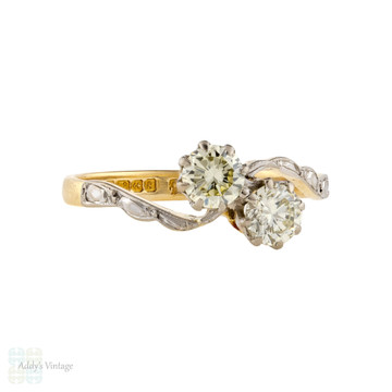  Toi et Moi Diamond Engagement Ring, Vintage 18ct Gold Stylish Mid Century Bypass Design Ring, 0.62 ctw. 