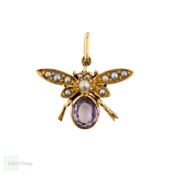 Antique Fly Pendant, Amethyst & Cultured Pearl Bug 9ct 9k Yellow Gold Charm.