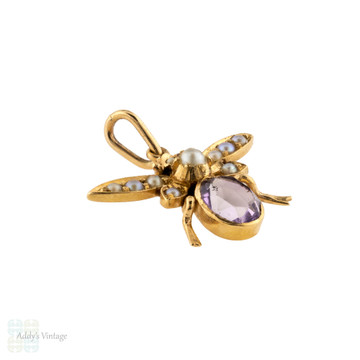 Antique Fly Pendant, Amethyst & Cultured Pearl Bug 9ct 9k Yellow Gold Charm.