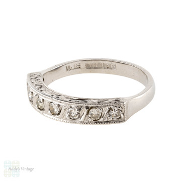 Diamond Half Hoop Wedding Ring, Vintage 7 Stone Engraved 18ct 18k Gold Band. Size J.5 / 5.