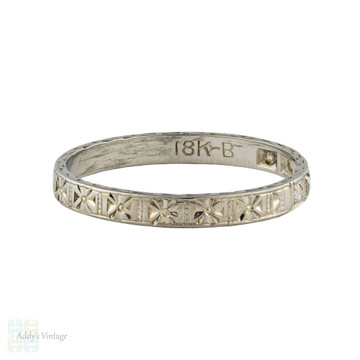 Art Deco Diamond & Engraved Wedding Ring, 18ct 18k White Gold Flower Band Size L.5 / 6.